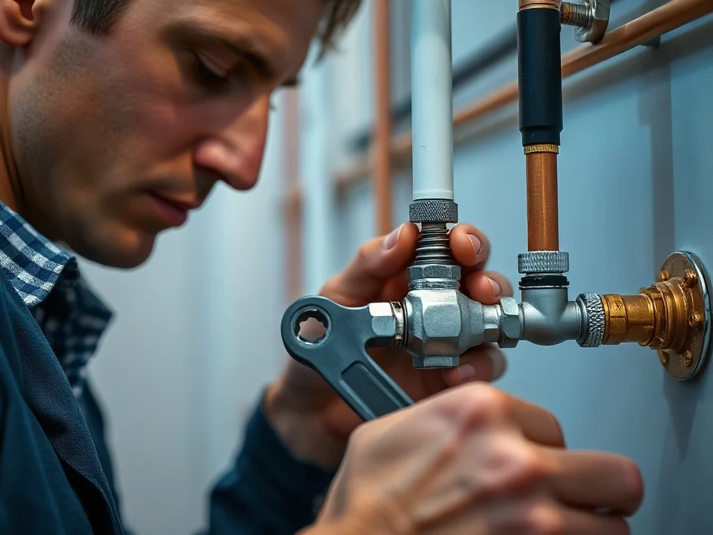 Hydraulik montuje nowoczesny zawór grzejnikowy na miedzianej instalacji grzewczej przy użyciu klucza.